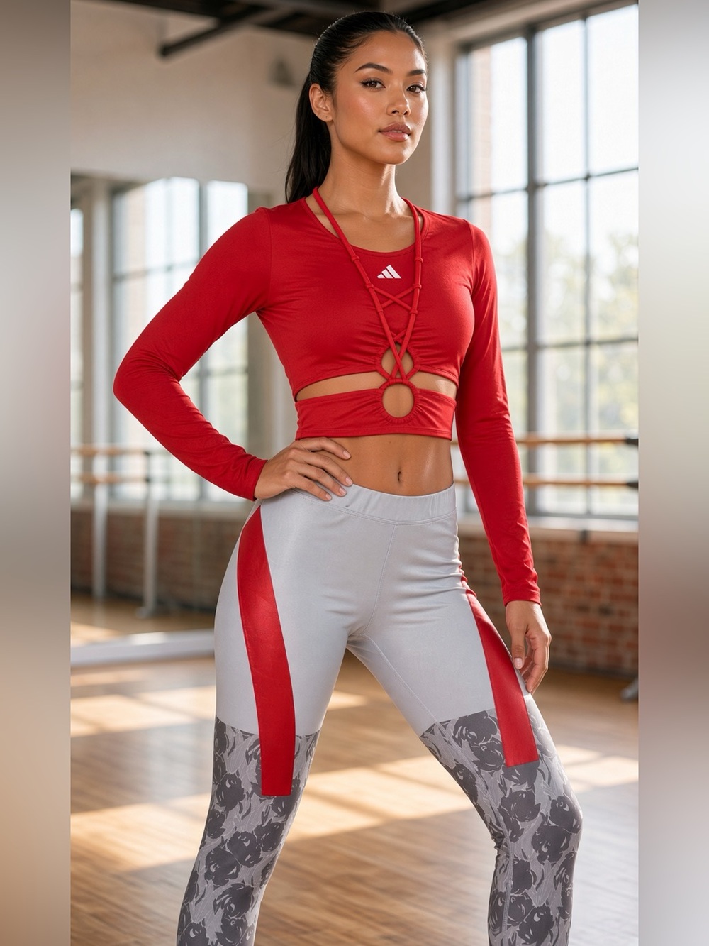 adidas Stella McCartney Leggings Aeroready L/S Cropped Top 2 PC Set SZ.M Red